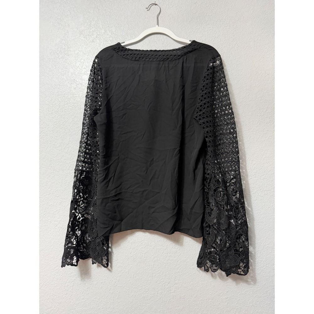 Venus Womens Black Lace Up V-Neck Blouse Crochet Bell Sleeve Top Y66507 Size L - Picture 3 of 9